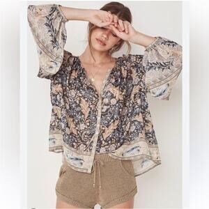 Spell Floral Blouse in Blue and Cream